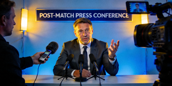 英超联赛赛后新闻发布会现场，教练正在接受采访