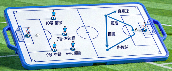 足球战术分析板，展示球员跑位与传球路线